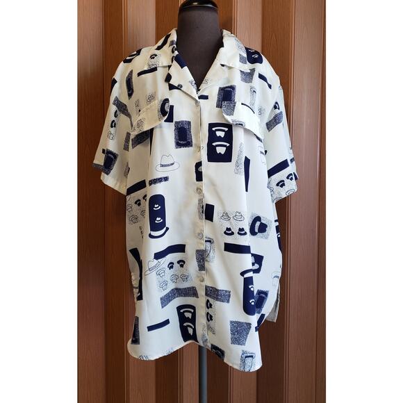 Truffles size XL cream & blue button up blouse - Picture 1 of 5